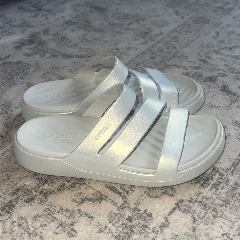 CROCS Women's Silver Strappy Slide Sandals - Picture 3 of 5